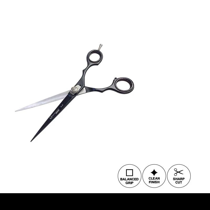 Hair cutting scissors with black handles on a white background