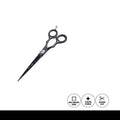 Black hair shears on a white background with icons indicating features.