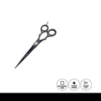 Black hair shears on a white background with icons indicating features.