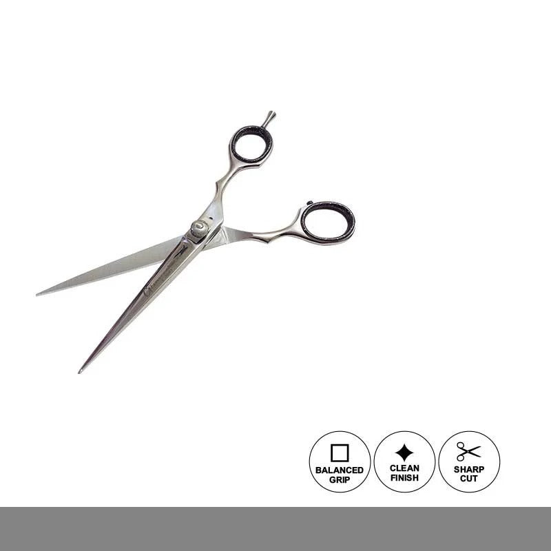 Hair cutting scissors with icons indicating features on a white background