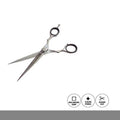 Hair cutting scissors with icons indicating features on a white background
