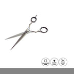 Hair cutting scissors with icons indicating features on a white background