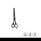 Black hair shears on a white background with icons indicating features.