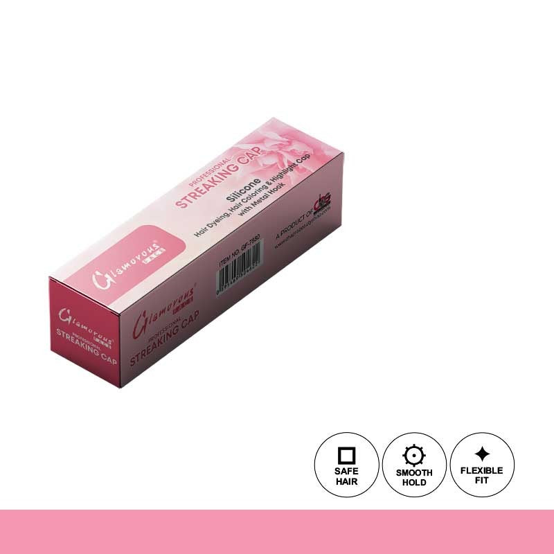 Pink hair straightening cap packaging with brand name on a white background
