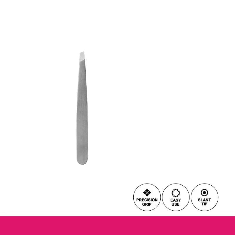 Slant-tip tweezers on a white background with icons indicating features.