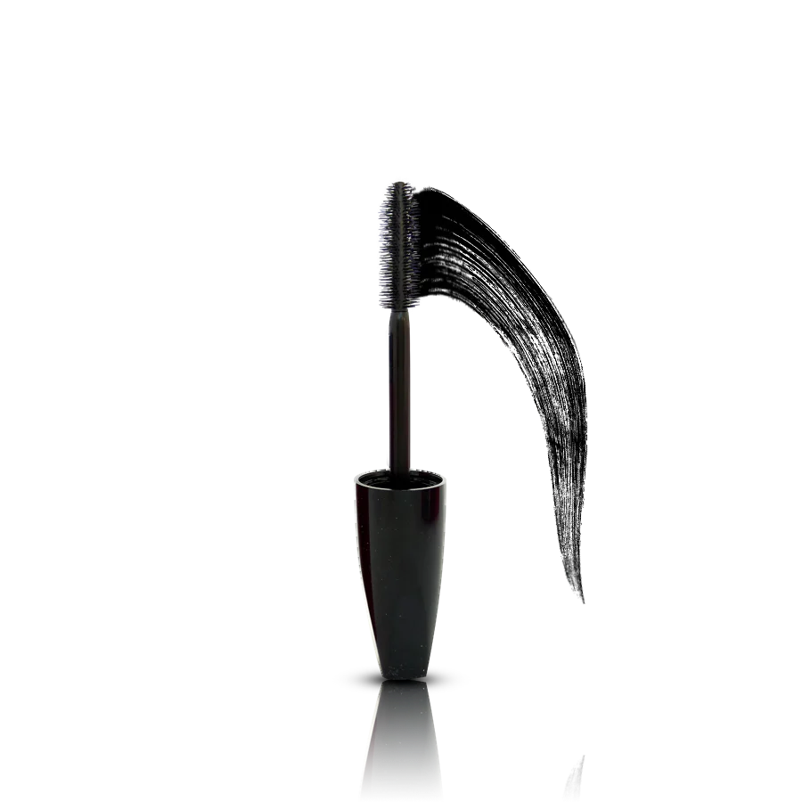 Black mascara brush with long, thick lashes on a white background