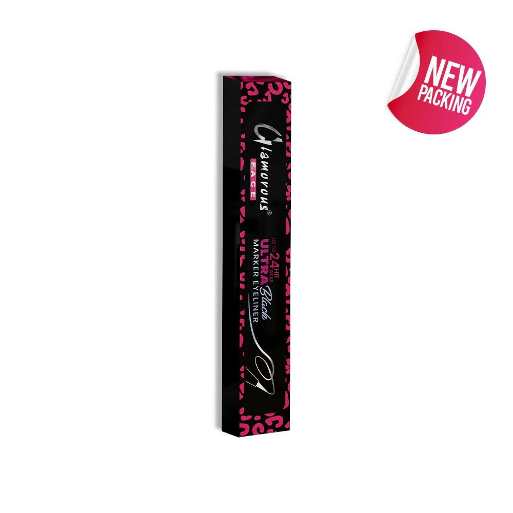 Glamorous Ultra Black eyeliner pencil packaging with pink leopard print design on a white background.