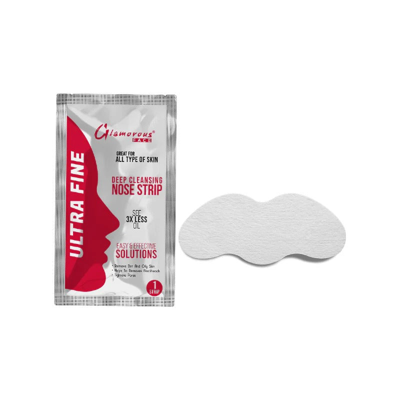 Glamorose ultra fine deep cleansing nose strip packaging with a single strip on a white background