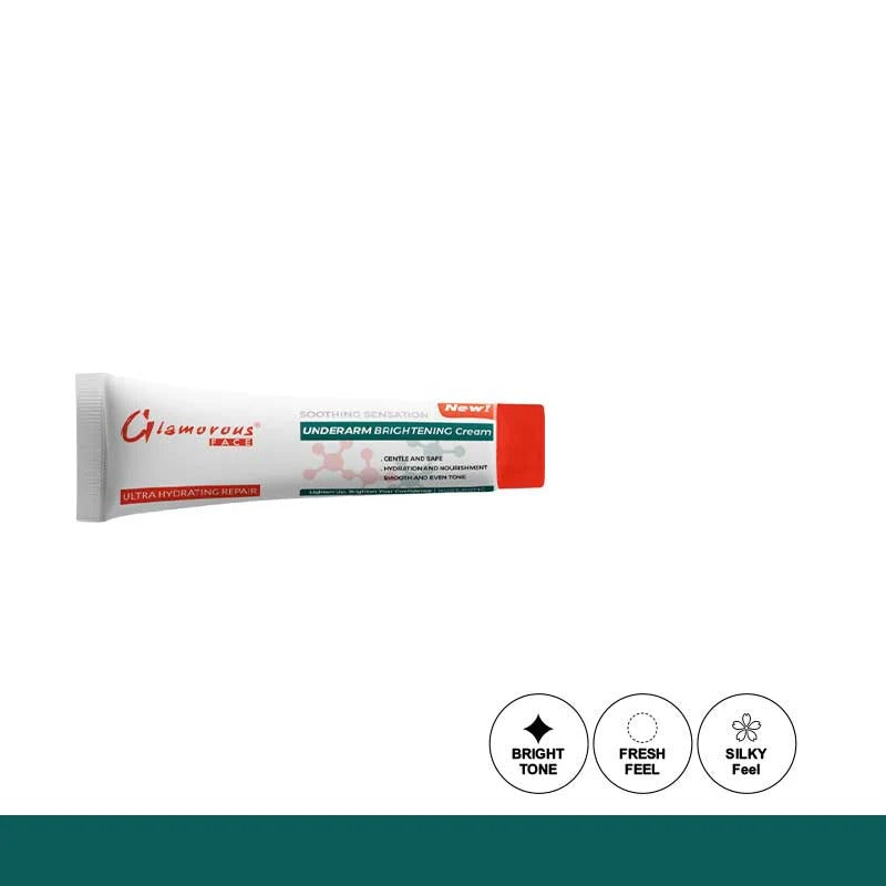 Tube of Glamorous face Underarm Brightening Cream on a white background