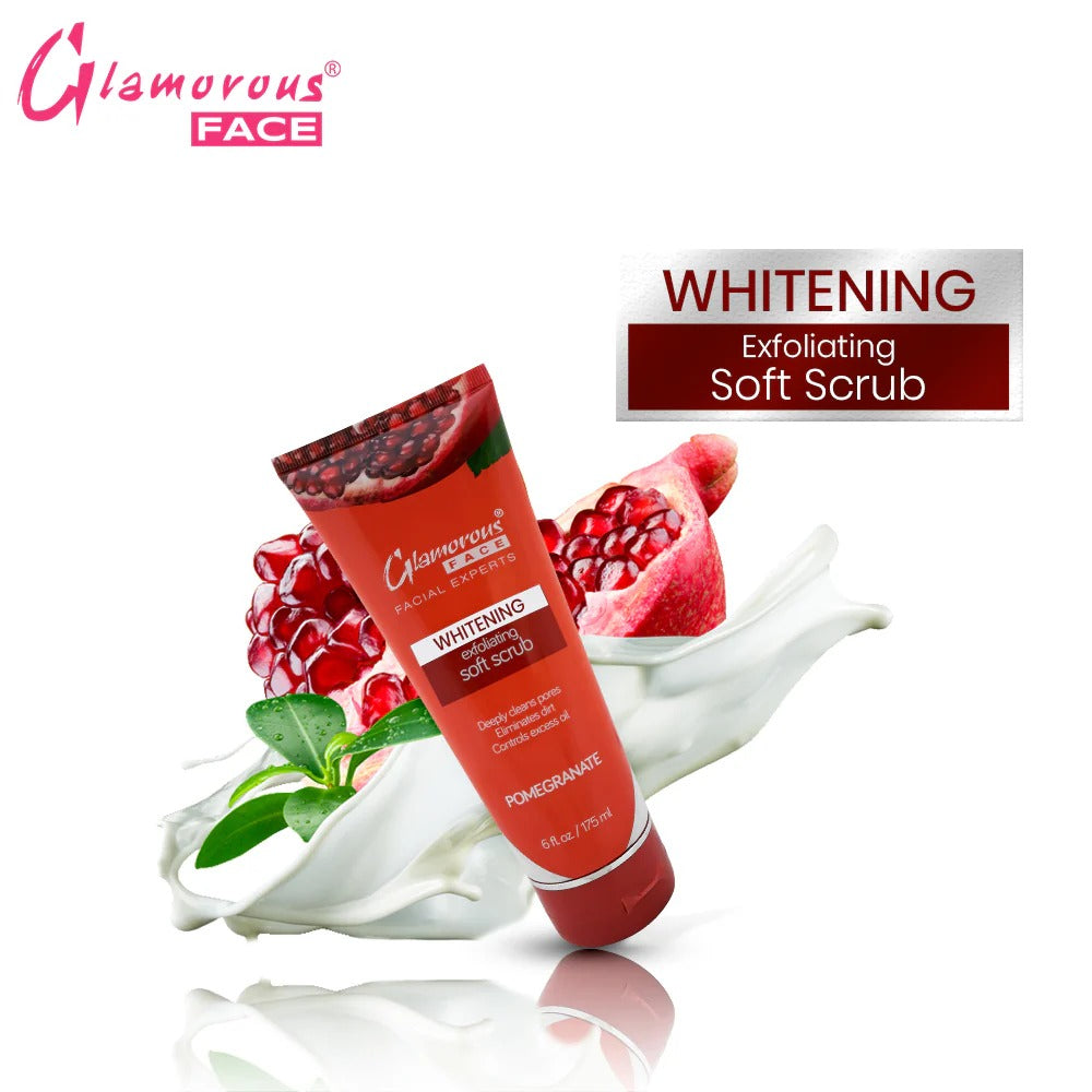 Glamorous Face Whitening Exfoliating Soft Scrub with pomegranate ingredients on a white background
