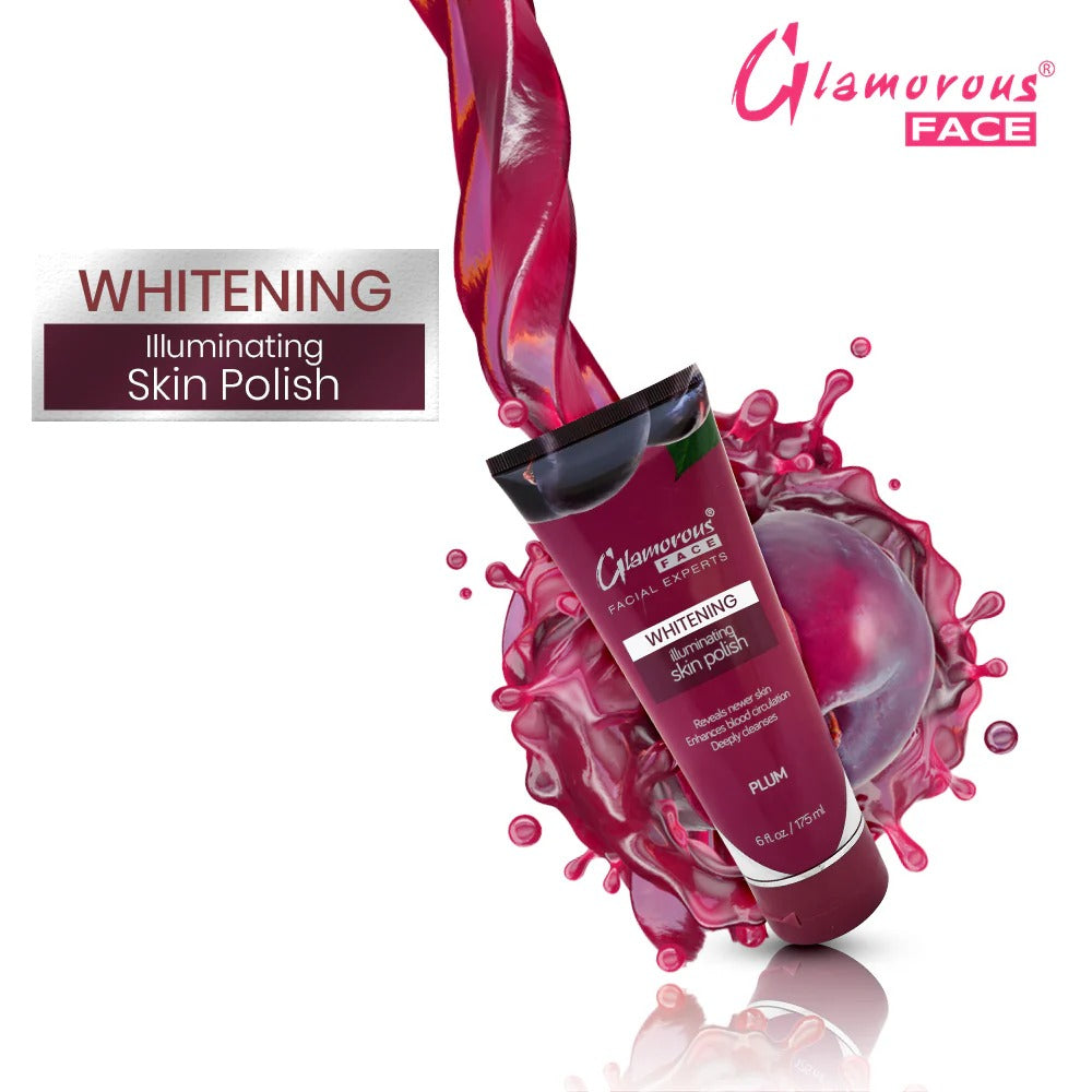Glamorous Face Whitening Illuminating Skin Polish with plum color on a white background