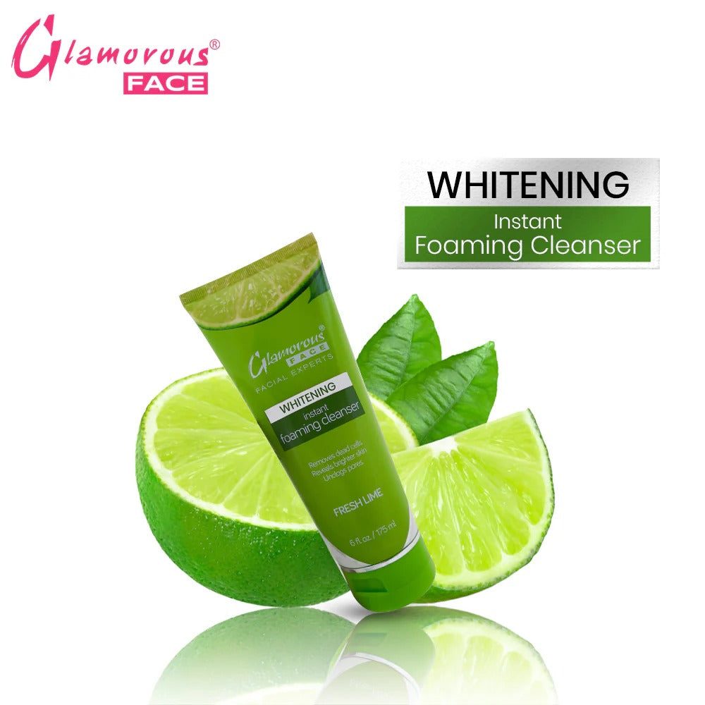 Glamorous Face Whitening Instant Foaming Cleanser with lime slices on a white background