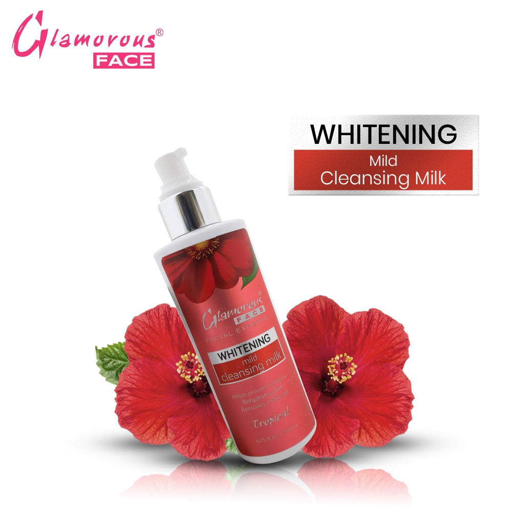 Whitening mild cleansing milk bottle with red flowers on a white background
