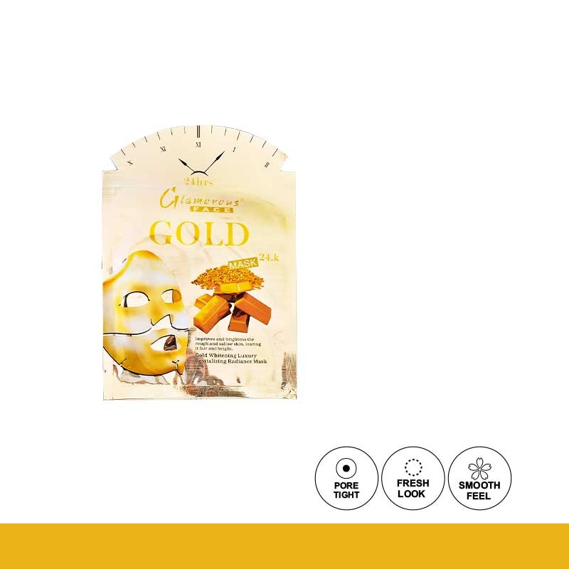 Gold face mask packaging with images and text on a white background