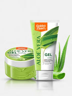 Aloe vera gel packaging with a tube and jar on a white background