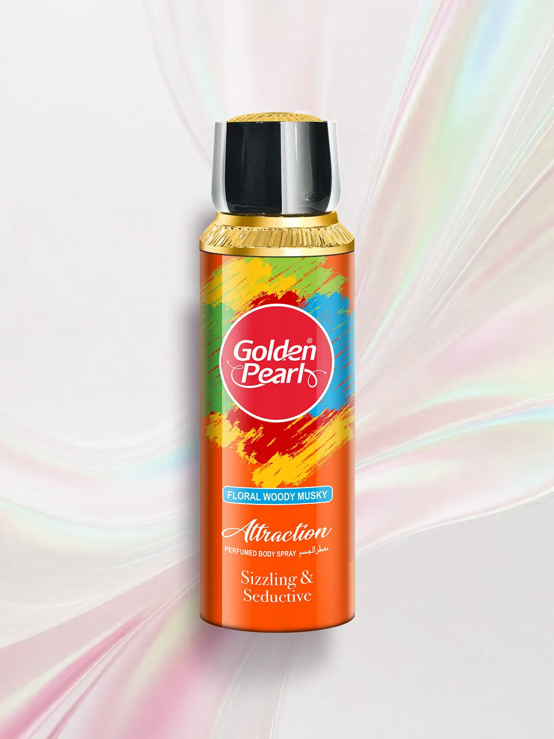 Golden Pearl Attraction Body Spray bottle with colorful label on a gradient background
