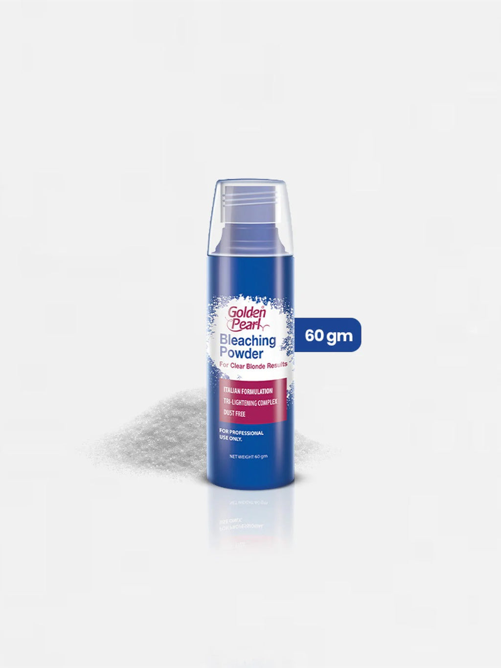 Blue container of Golden Pearl Bleaching Powder on a white background
