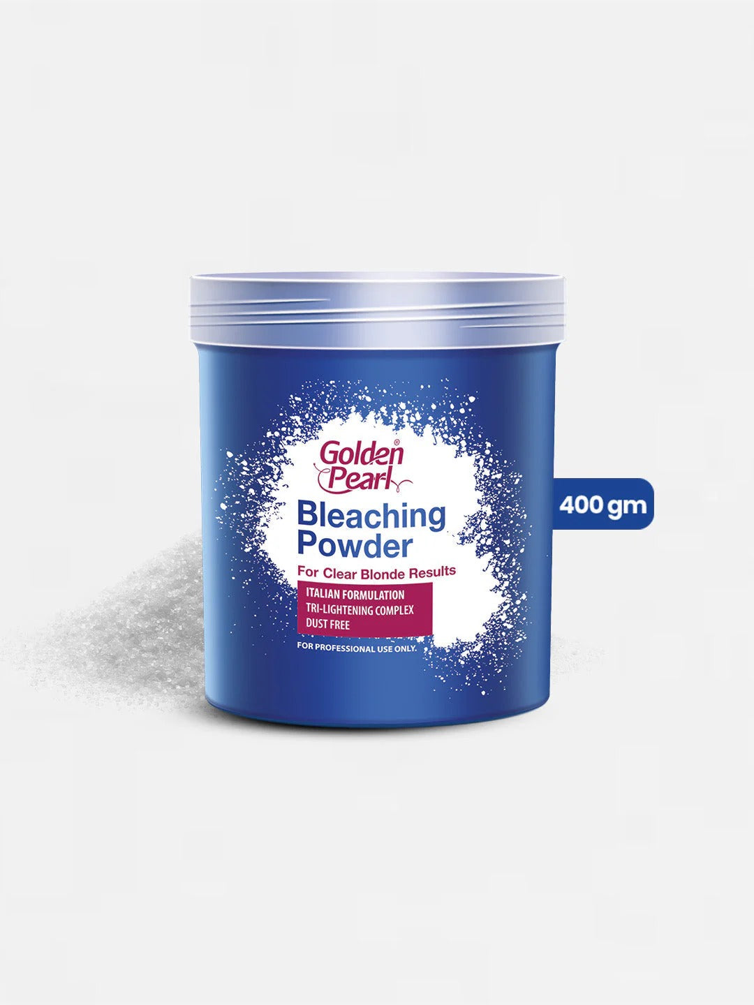 Blue container of Golden Pearl Bleaching Powder on a white background
