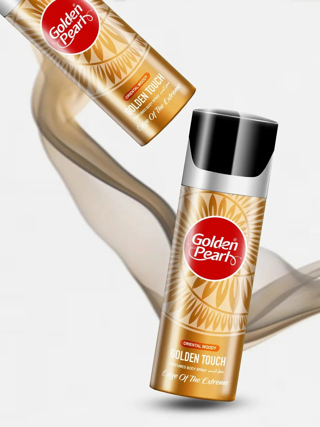 Two bottles of Golden Pearl Golden Touch Body Spray product on a light gray background