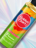 Golden Pearl Passion Body Spray bottle with colorful label on a light background