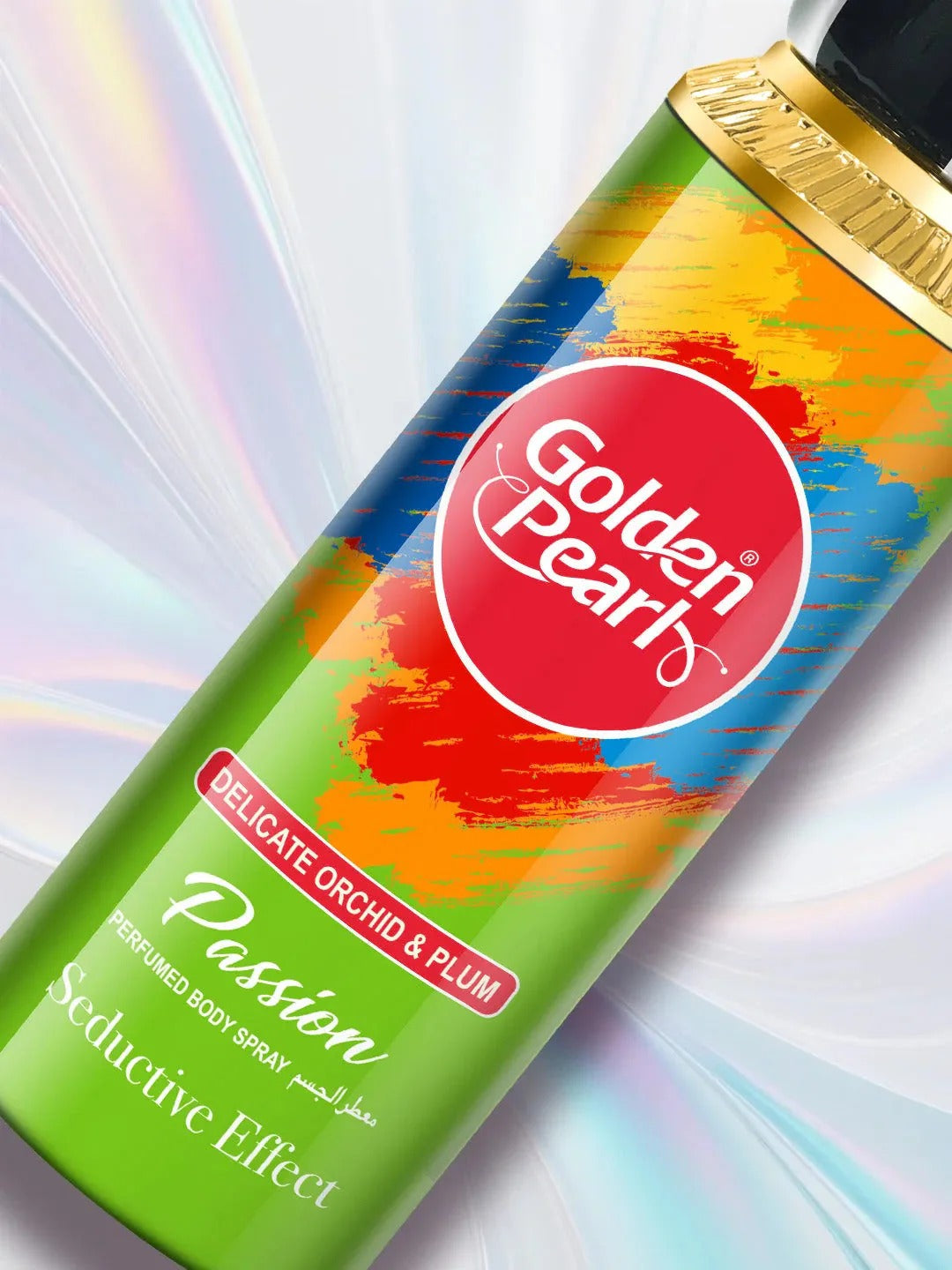 Golden Pearl Passion Body Spray bottle with colorful label on a light background