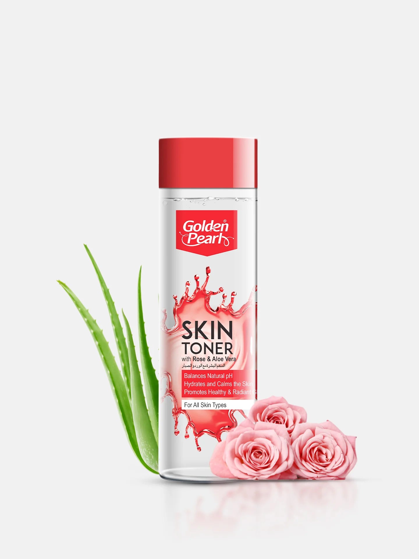 Golden Pearl Skin Toner bottle with aloe vera leaf and pink roses on a white background