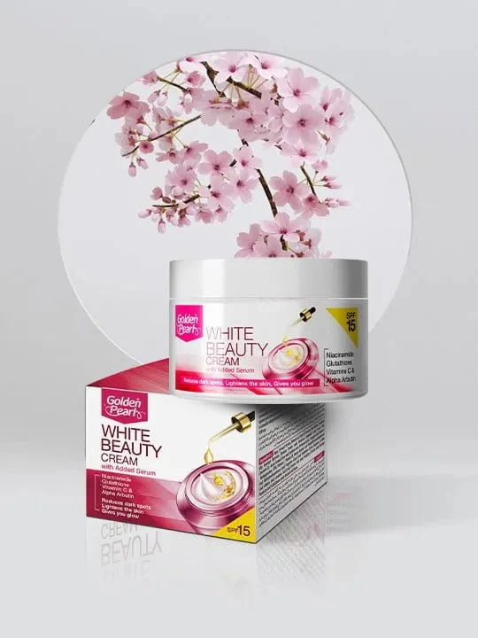 White Beauty Cream jar and box with cherry blossom design on a light gray background