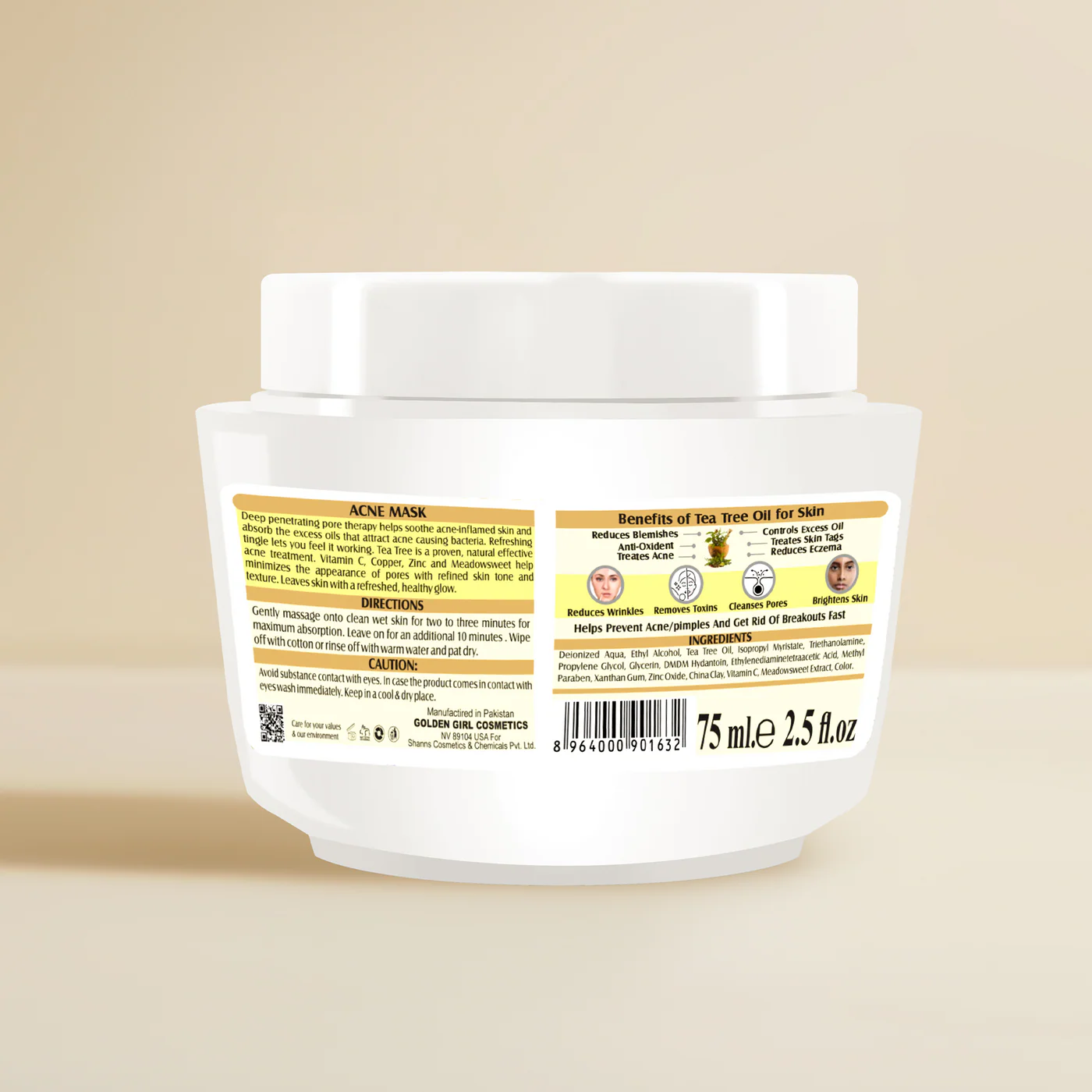 White jar of Golden Girl Acne Mask on a beige background