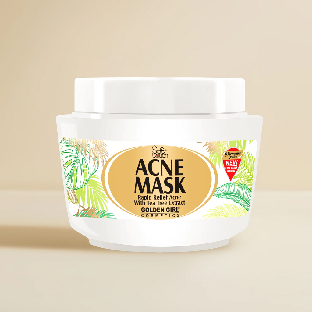 Acne mask container with 'Golden Girl' branding on a beige background