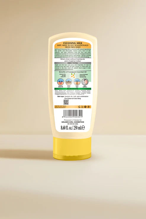 Golden Girl Cleansing Milk bottle with label on a beige background