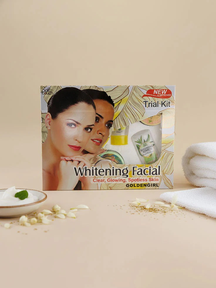 Goldengirl Whitening Facial kit packaging with two women on a beige background