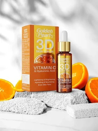 Golden Pearl 3D Skin Serum with packaging and oranges on a light background