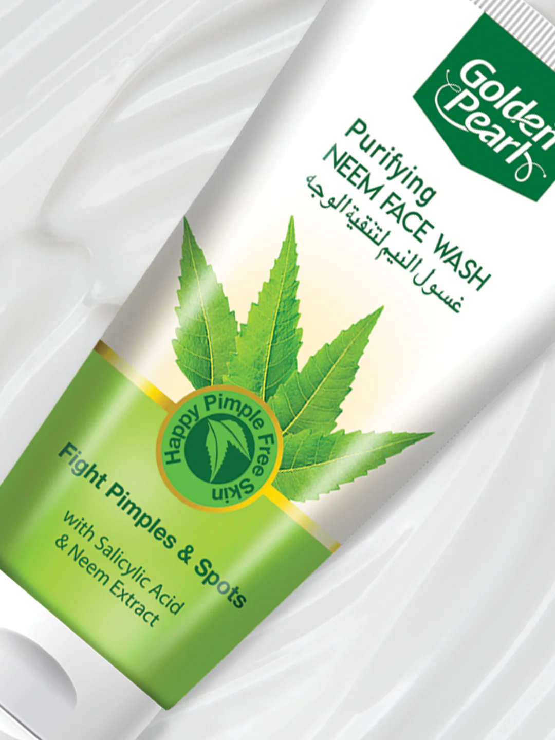 Golden Pearls Purifying Neem Face Wash packaging with green leaves and text on a white background