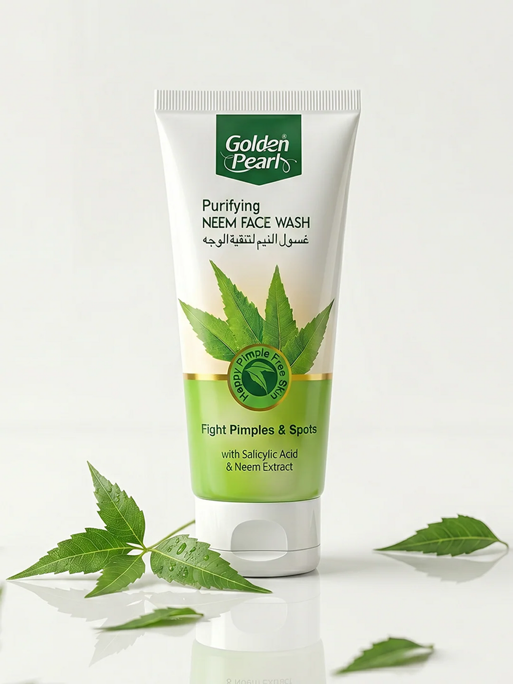 Tube of Golden Pearl Purifying Neem Face Wash with green leaves on a white background