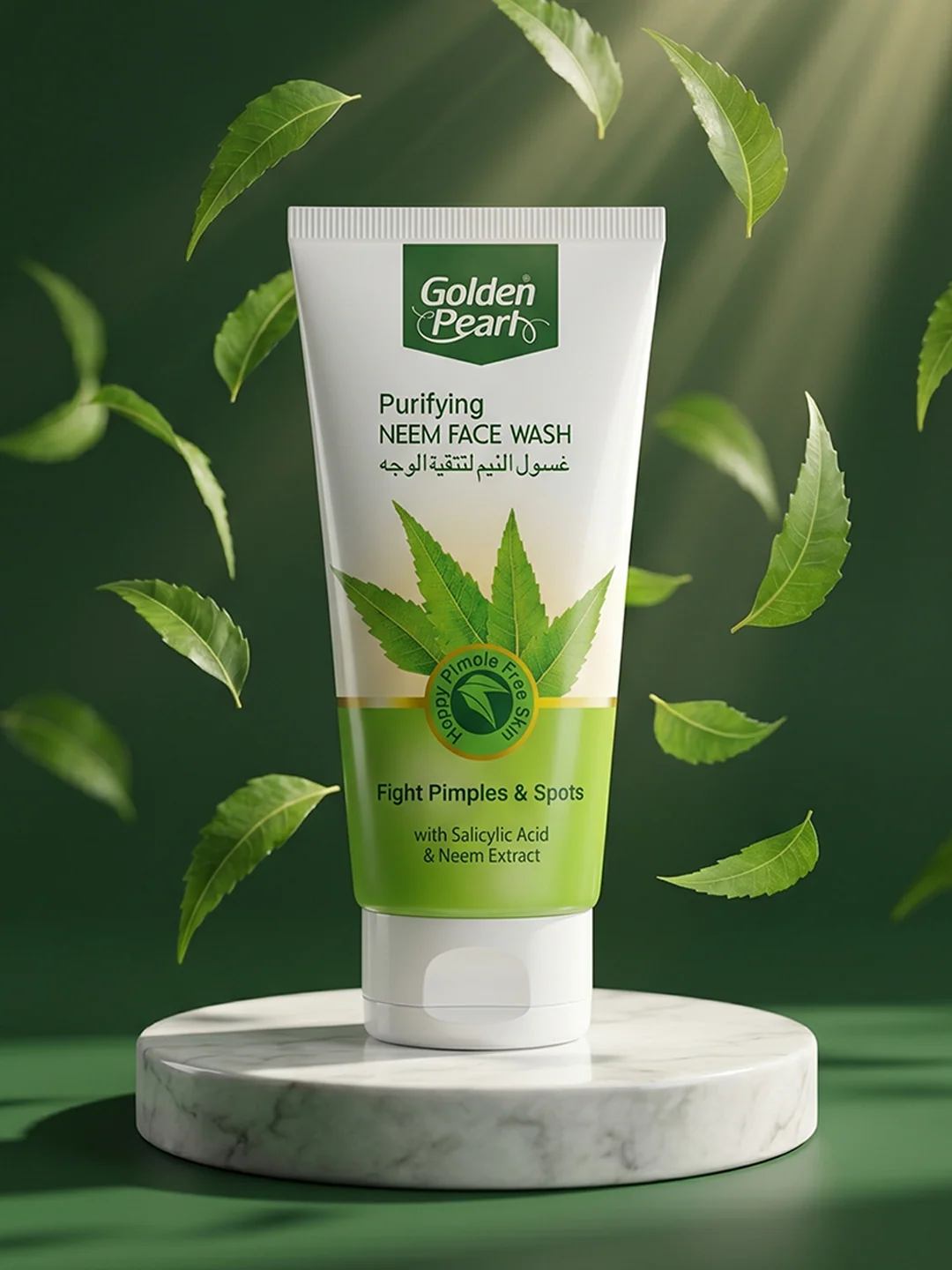 Tube of Golden Pearl Purifying Neem Face Wash with green leaves on a green background