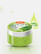 Green aloe vera gel jar with a droplet of gel on a white background
