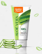 Tube of Golden Pearl Aloe Vera gel with aloe vera leaves on a white background
