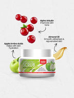 Container of Golden Pearl Apple Glow Facial Scrub with apple and cherry graphics on a white background
