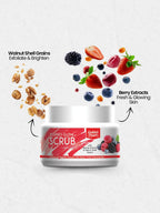 Jar of Golden Pearl Berries Glow Scrub with ingredients like walnut shell grains and berry extracts on a white background.