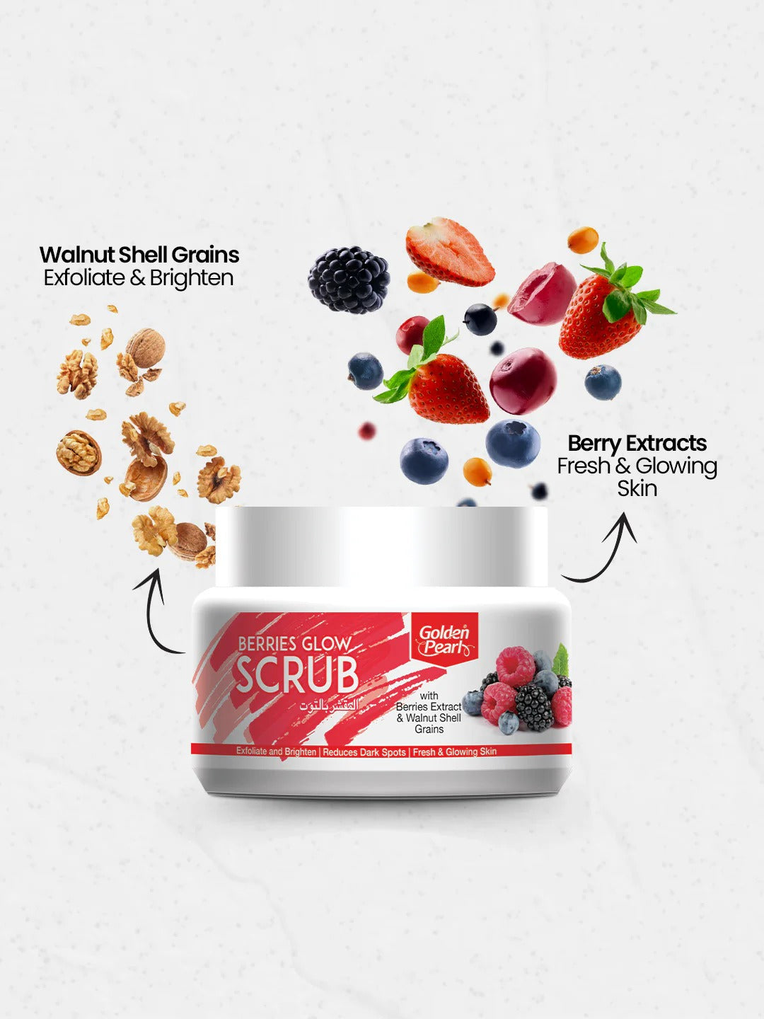Jar of Golden Pearl Berries Glow Scrub with ingredients like walnut shell grains and berry extracts on a white background.