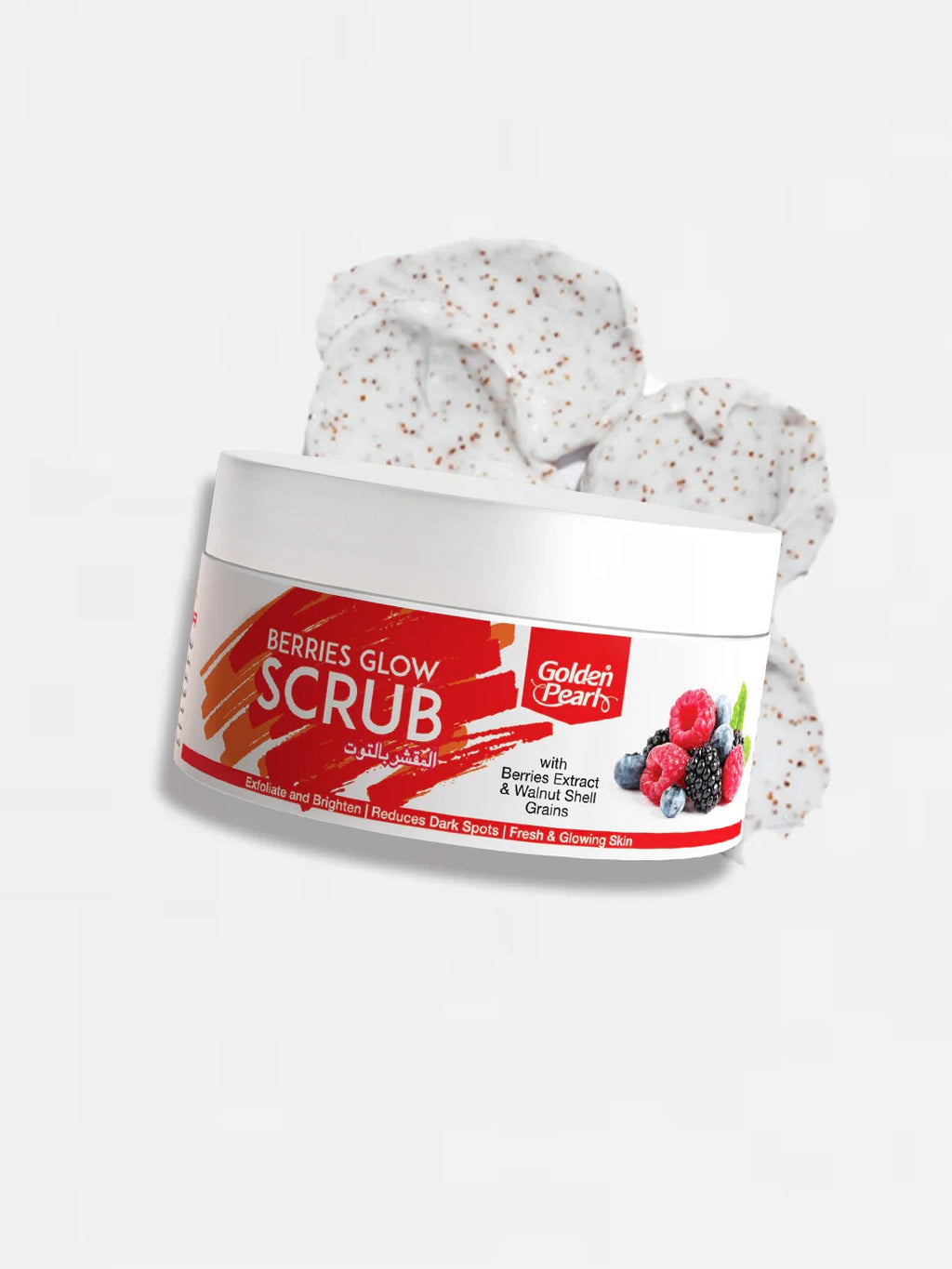 Berries Glow Scrub container with scrub on top on a white background