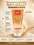 Golden Pearl Brightening Rice Face Wash packaging with rice grains and text on a beige background