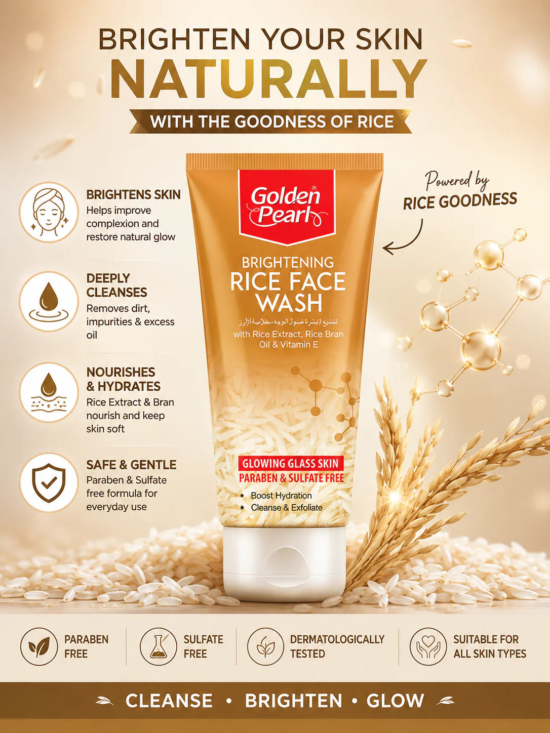 Golden Pearl Brightening Rice Face Wash packaging with rice grains and text on a beige background