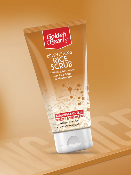 Tube of Golden Pearl Brightening Rice Scrub on a beige background