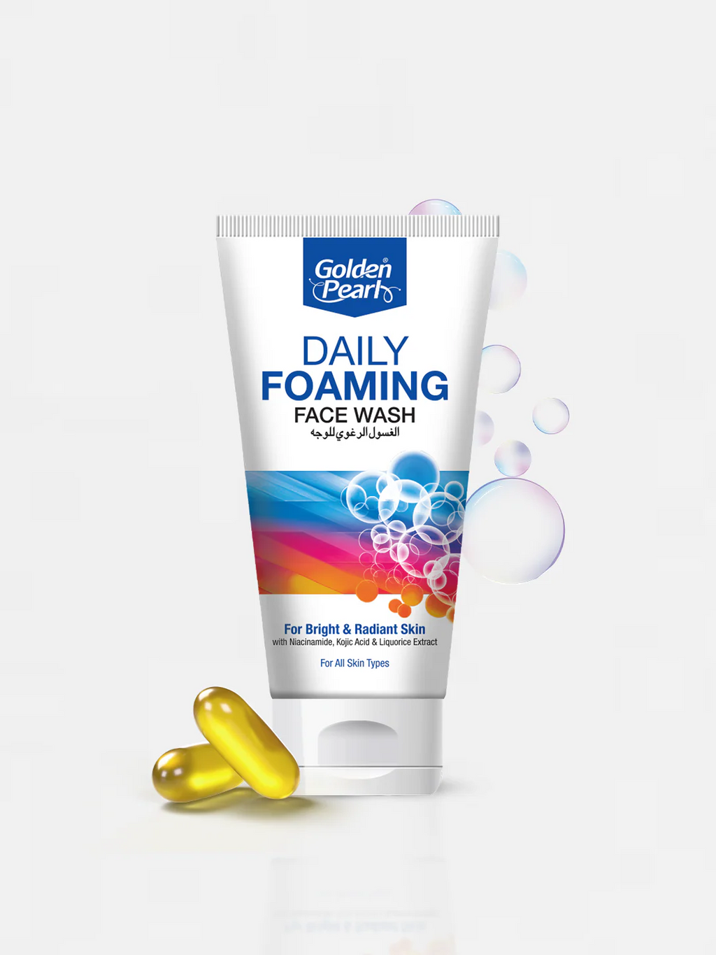 Tube of Golden Pearls Daily Foaming Face Wash with a capsule on a white background