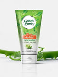 Tube of Golden Pearl Daily Herbal Face Wash with aloe vera leaves on a white background