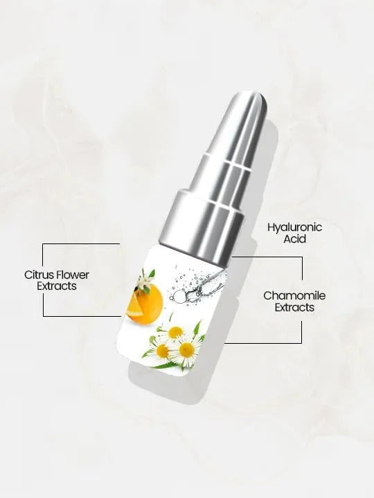 Skincare serum bottle with labeled ingredients on a white background
