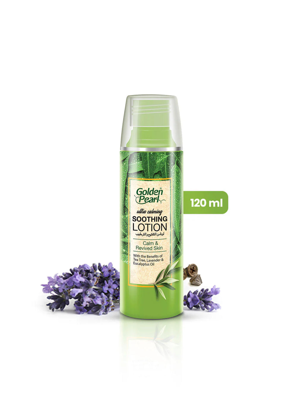 Green bottle of Golden Pearl Ultra Soothing Lotion with lavender flowers on a white background