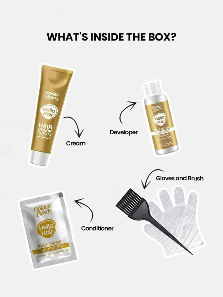 Golden Pearl Hello Hair - Hair Color Cream kit components including cream, developer, gloves, brush, and packets on a white background.