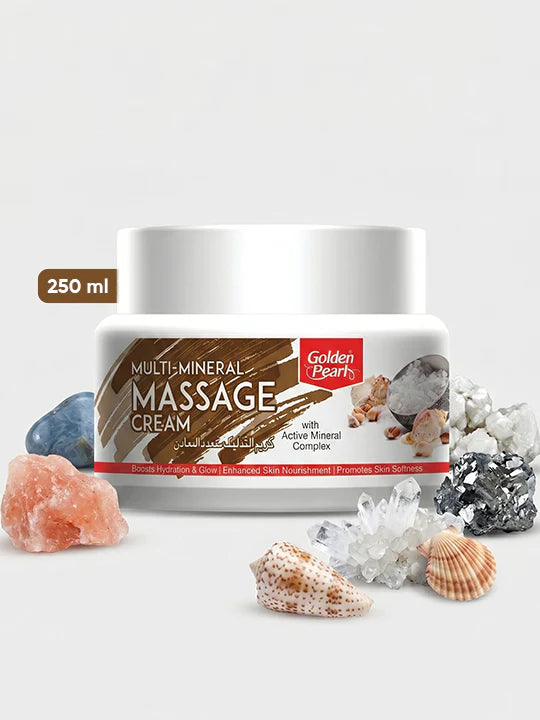 Multi-Mineral Massage Cream container with natural elements on a white background